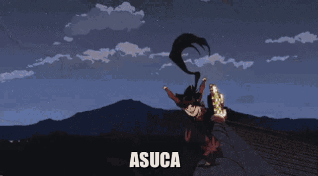 a cartoon of a man jumping in the air with the word asuca written below him
