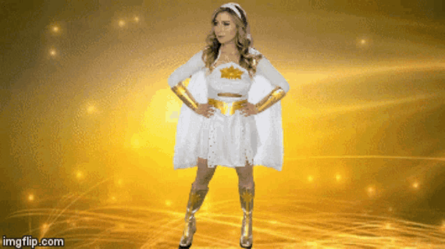 a woman in a superhero costume is standing in front of a yellow background