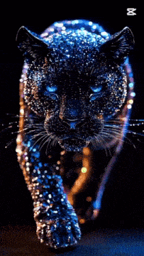 a black panther with blue eyes is surrounded by glowing lights