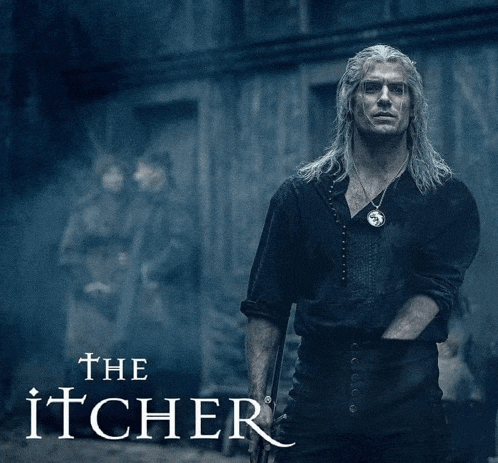 a poster for the witcher with a man holding a sword