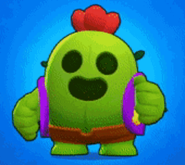 a green cartoon character with a red flower on his head is standing on a blue background .