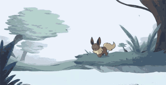 a cartoon eevee is running in the woods .