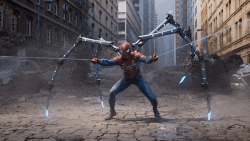 a man in a spiderman costume is standing on a street