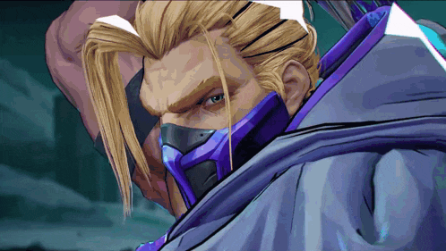 a man with a purple mask on his face holds a sword