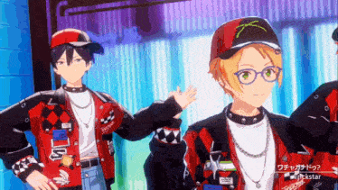 a group of anime characters are standing next to each other and one of them is wearing a hat that says x on it