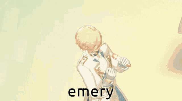 a man holding a microphone with the word emery written below him