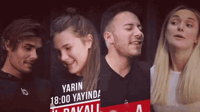 a group of people are standing in front of a sign that says " yarin 18:00 yayinda "