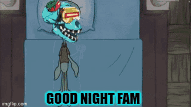 a cartoon of a skeleton in a bed with the words " good night fam "