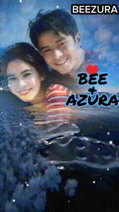 a poster for bee + azura shows a man and a woman in the water