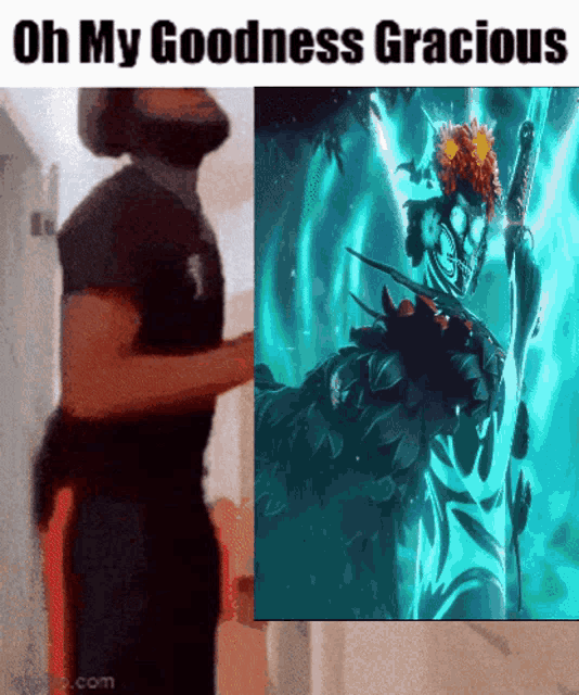 a man with a beard is standing next to a picture of a skeleton with a flower on his head