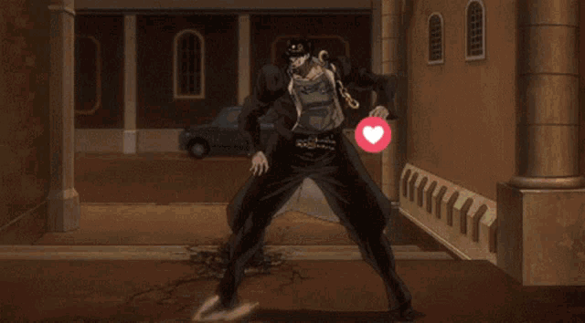 star platinum from jojo 's bizarre adventure is jumping in the air in a cartoon .