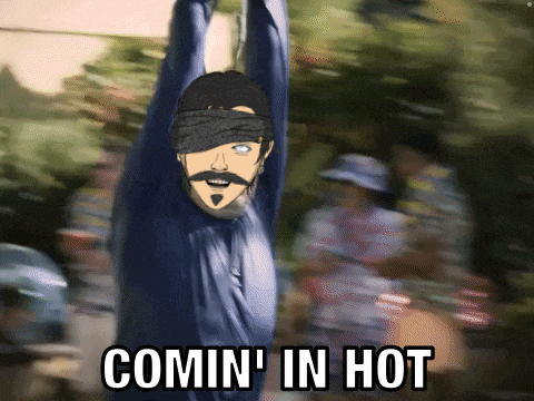 a cartoon of a man hanging upside down with the words comin ' in hot written below him