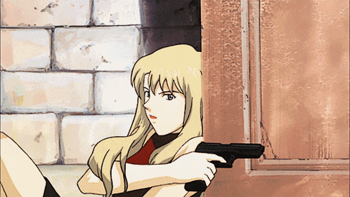 a blonde anime girl is holding a gun behind a door