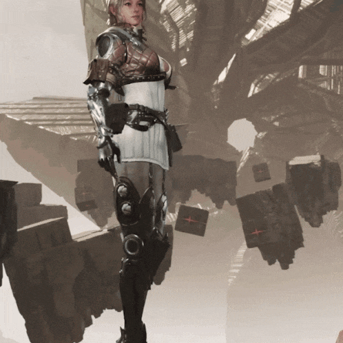 a woman in armor stands in front of a building with boxes floating in the air