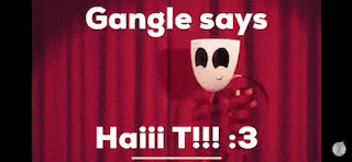 a cartoon character is standing in front of a red curtain and says gangle says haiii t !!! 3