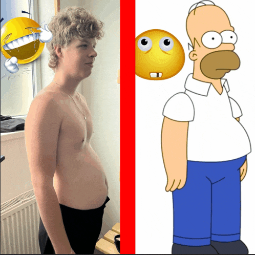 a picture of homer simpson next to a shirtless man