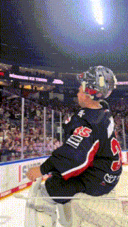 a hockey player wearing a jersey with the number 35 on it