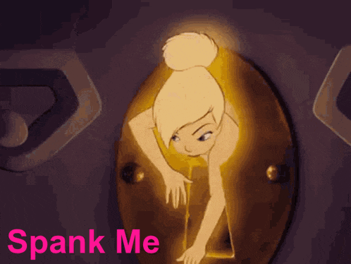 a cartoon of tinkerbell with the words spank me underneath her