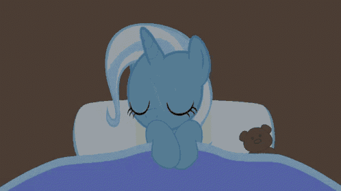 a cartoon of a pony laying in bed with a teddy bear