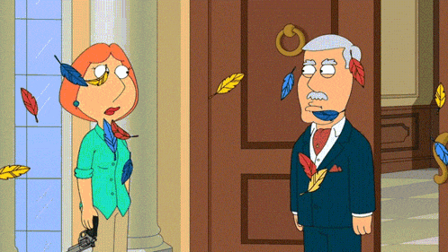 a cartoon of a man and a woman with feathers on their face