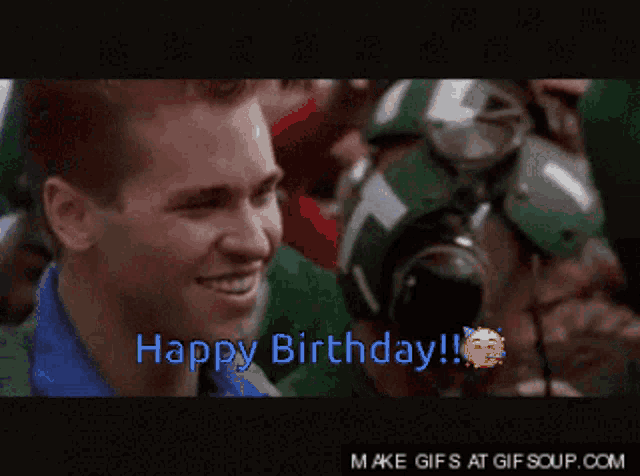 a group of soldiers are hugging each other with the words happy birthday written in blue