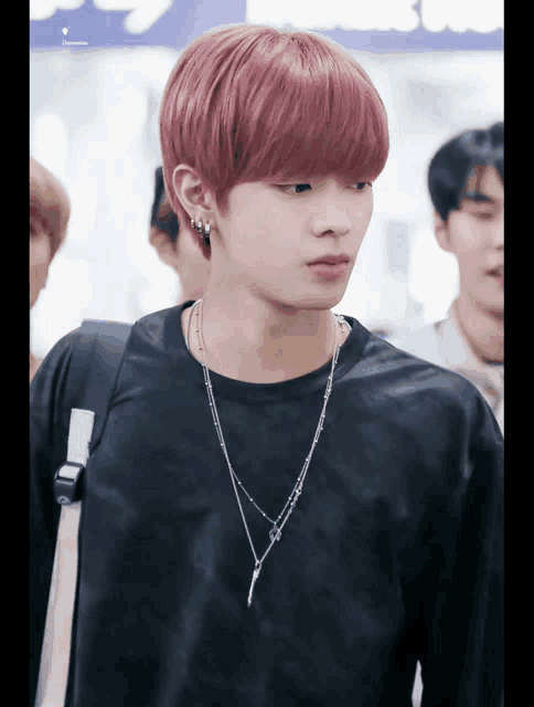 a young man with pink hair is wearing a black shirt and silver necklace