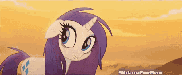 a cartoon of a pony with purple hair and the words my little pony movie on the bottom