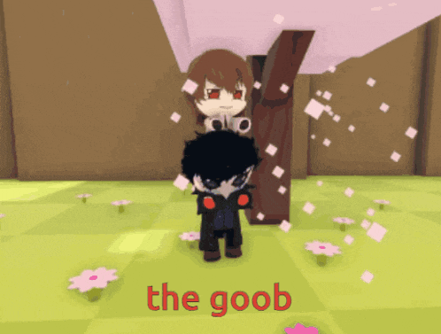 a cartoon character is standing next to a tree and the word the goob is on the bottom right