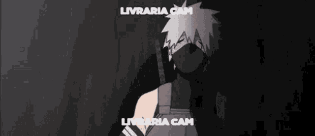 a man in a mask is standing in a dark room with the words livraria cam above him .