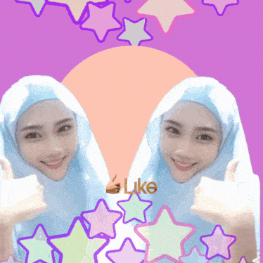 two girls in hijabs are giving a thumbs up and the word like is on the purple background