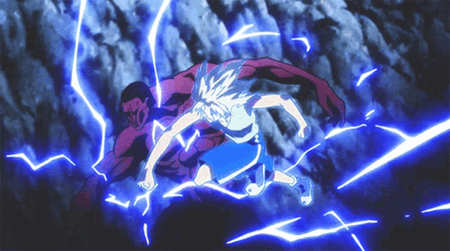 a blue lightning bolt is being thrown at a man and a woman