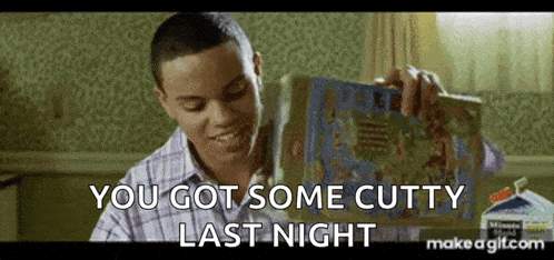 a man is holding a box of cereal and saying `` you got some cutty last night '' .
