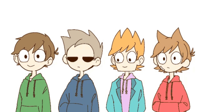 four cartoon characters are standing next to each other with one wearing glasses