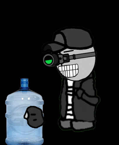a cartoon character with binoculars and a bottle of water