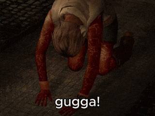 a video game character is kneeling down with the words gugga written on the bottom