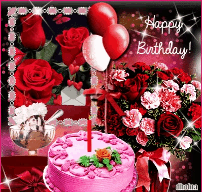 a happy birthday greeting card with a pink cake and red roses