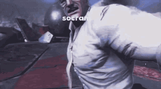 a man in a white shirt and tie is standing in a room with his arms outstretched in a video game .