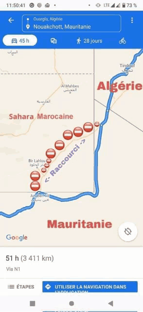 a screenshot of a google map showing the distance to mauritanie