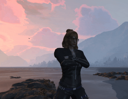 a woman with her arms crossed in front of a lake