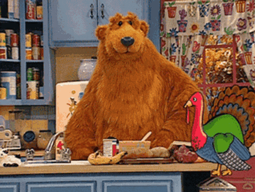 a brown bear is sitting at a kitchen counter with a turkey on it