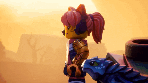 a lego girl with pink hair is standing next to a blue dragon .
