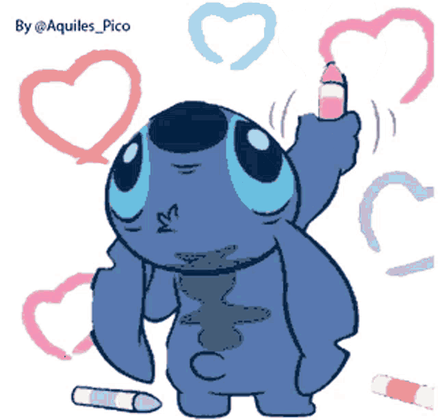 a drawing of a stitch holding a crayon with hearts around him