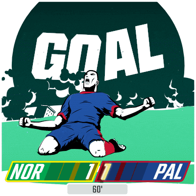 an illustration of a soccer player celebrating a goal with a score of nor 11 pal 60
