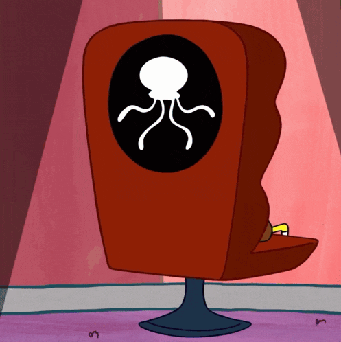 a cartoon character sits in a chair with an octopus on the back