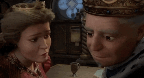 a cartoon king and queen are sitting at a table with a cup of wine