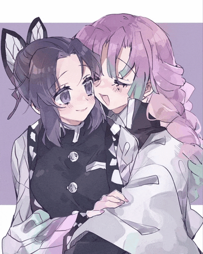 a drawing of a girl with purple hair standing next to another girl