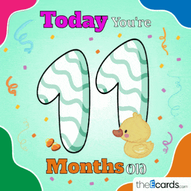a card that says today you 're 11 months old with a duck on it