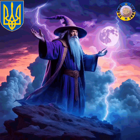 a wizard in a purple robe is surrounded by lightning and the word tuesday on the bottom
