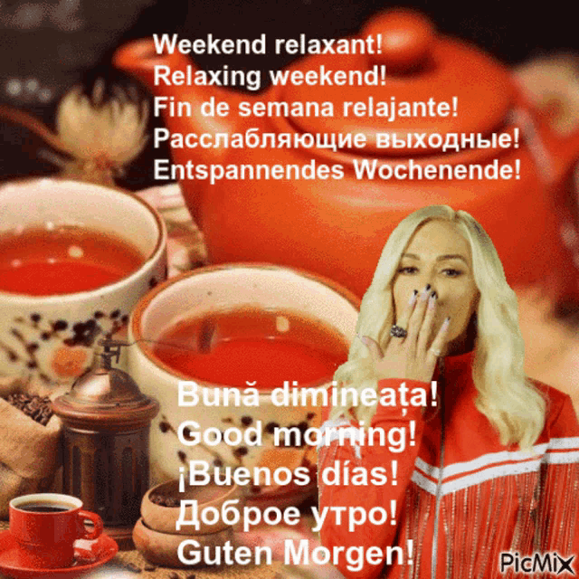 a picture of a woman covering her mouth with her hand and the words weekend relaxant relaxing weekend
