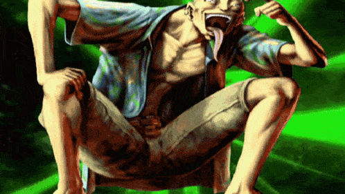 a man with his tongue hanging out is squatting down